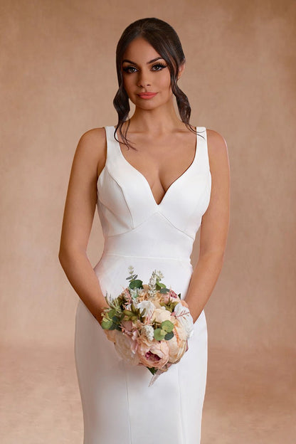 Simple Mermaid V Neck Satin White Wedding Dresses