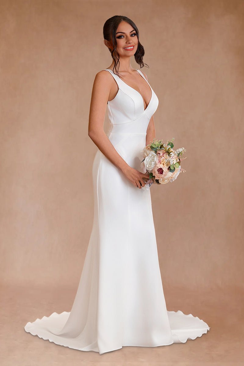 Simple Mermaid V Neck Satin White Wedding Dresses