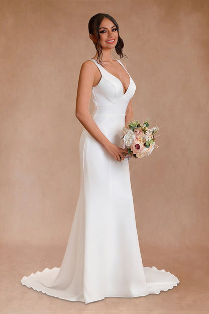 Simple Mermaid V Neck Satin White Wedding Dresses
