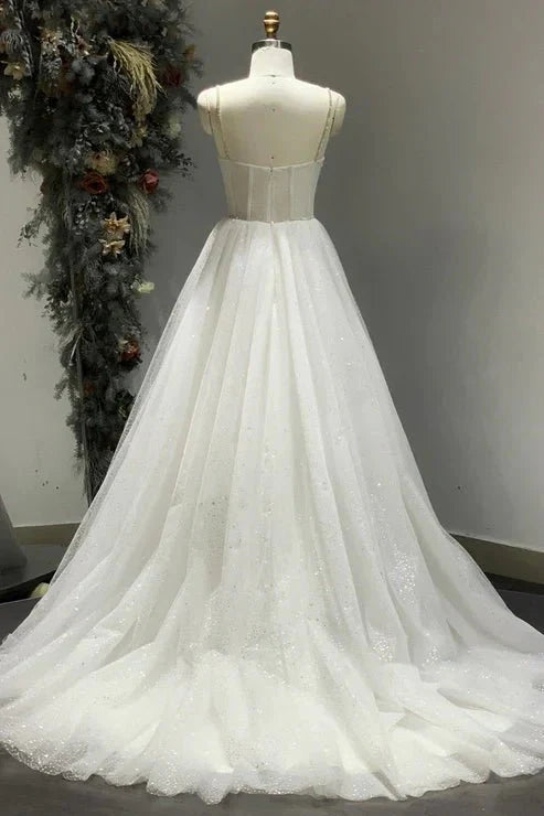 Spaghetti Straps Sparkly Bohemian Wedding Dress