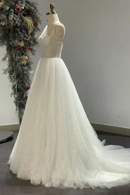 Spaghetti Straps Sparkly Bohemian Wedding Dress