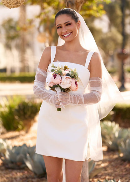 Yvaine | Square Neck White Satin Short Wedding Dress with Bow Back and Veil