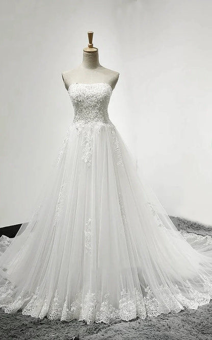 Strapless Tulle Wedding Dress With Lace Bodice Court Train