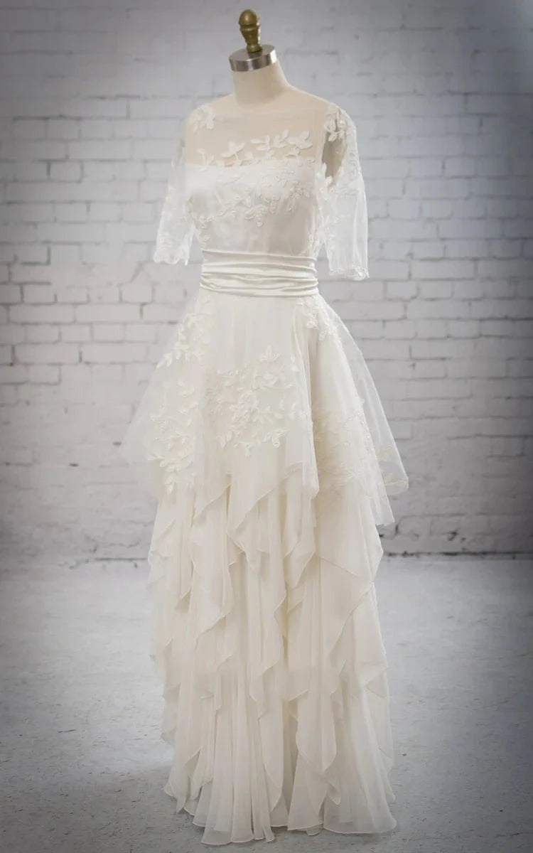 Stunning Illsion Neck Half-sleeved Ruffled Dress With Removable Embriodery Peplum