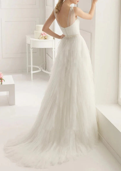 Stunning Top-ruched Layered Gown With Beaded Tulle Straps