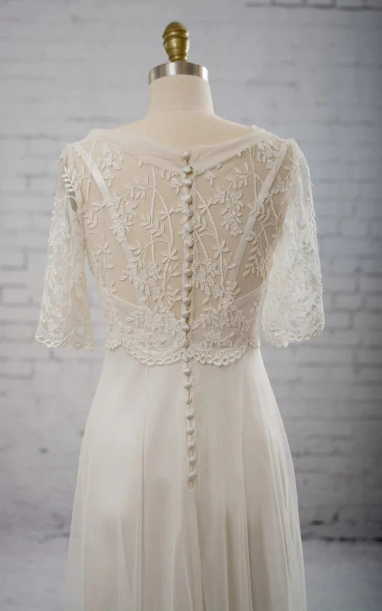 Sweetheart A-line Chiffon Dress With Half-sleeved Illusion Bodice