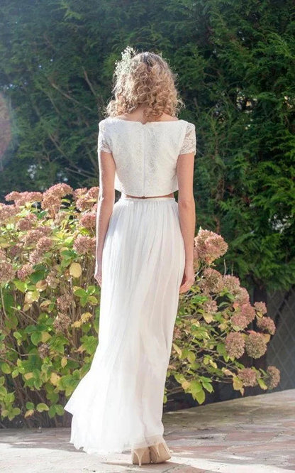 Two Piece Bateau Ankle-Length Chiffon Wedding Dress With Split Front And Pleats