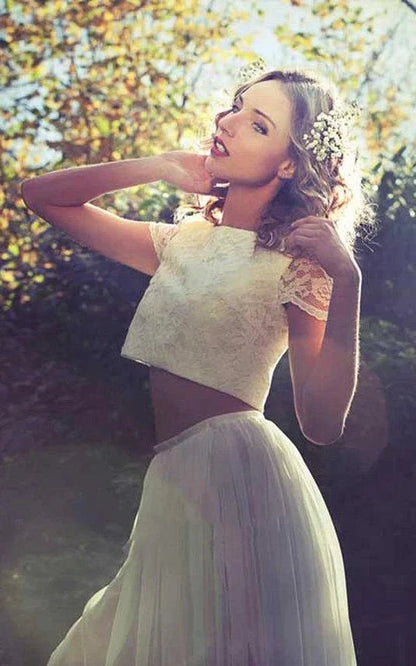 Two Piece Bateau Ankle-Length Chiffon Wedding Dress With Split Front And Pleats