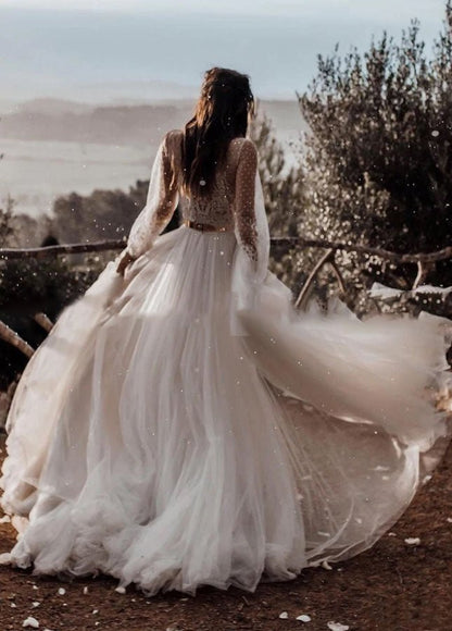 Two Piece Boho Dreamy A Line Tulle V-Neck Wedding Dresses Full Sleeve