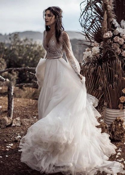 Two Piece Boho Dreamy A Line Tulle V-Neck Wedding Dresses Full Sleeve