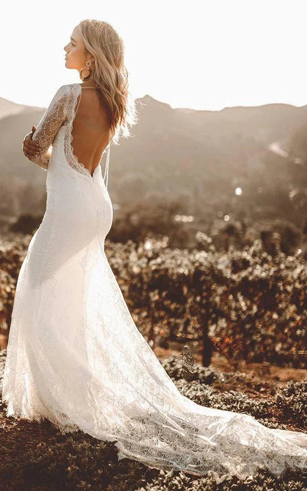 Vintage Sheath Satin V-neck Long Sleeve Wedding Dress