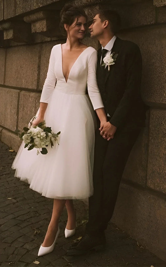 Vintage Short Casual Simple Long Sleeve A-line Tea-length Plunging Neckline Satin Wedding Dress