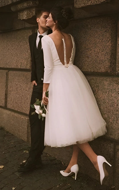 Vintage Short Casual Simple Long Sleeve A-line Tea-length Plunging Neckline Satin Wedding Dress