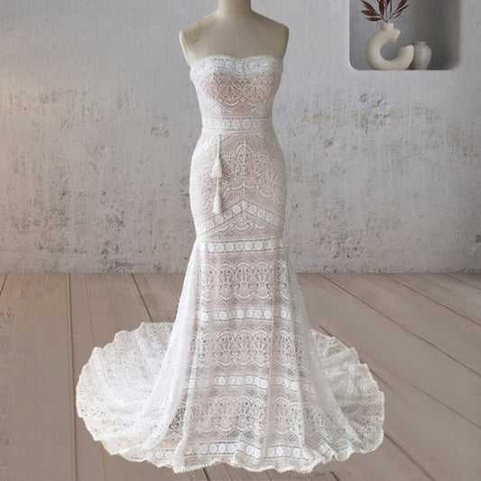 Vintage White Mermaid Lace Wedding Dress with Tassel