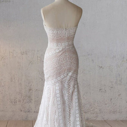 Vintage White Mermaid Lace Wedding Dress with Tassel