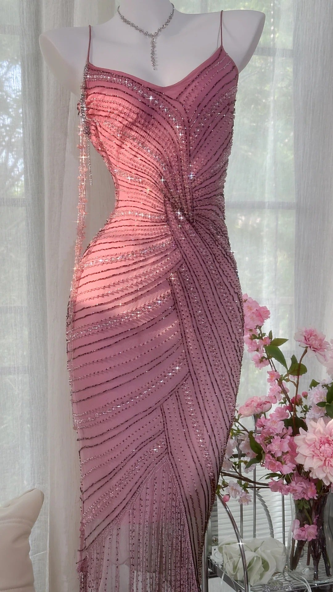 Pink Elegant Gorgeous Exquisite Beaded Tassel Midi/Short Tulle Chiffon Homecoming Dress Cocktail Party Dress Ball Dress Evening Dress Birthday Party Dress Prom Dress gh4086