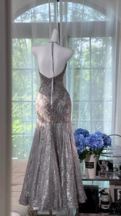 Girlhomeshops--Silver-gray exquisite beaded long vintage lace fishtail prom dress gh5470