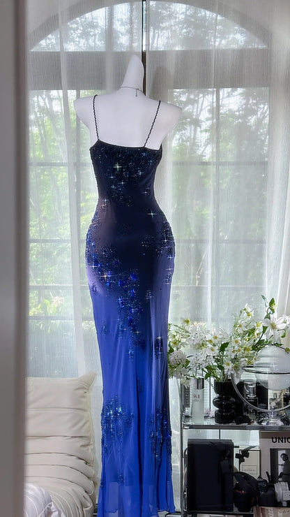 Girlhomeshops-Dark Blue Floral Beaded Elegant Spaghetti Strap Long Chiffon Prom Dress Evening Dress Party Dress Date Dress gh5083