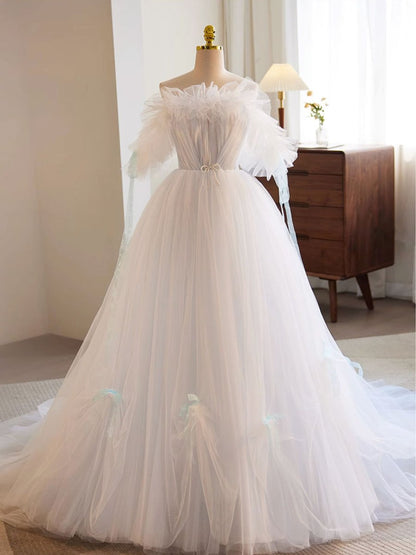 White A-Line Tulle Long Prom Dress White Formal Dress
